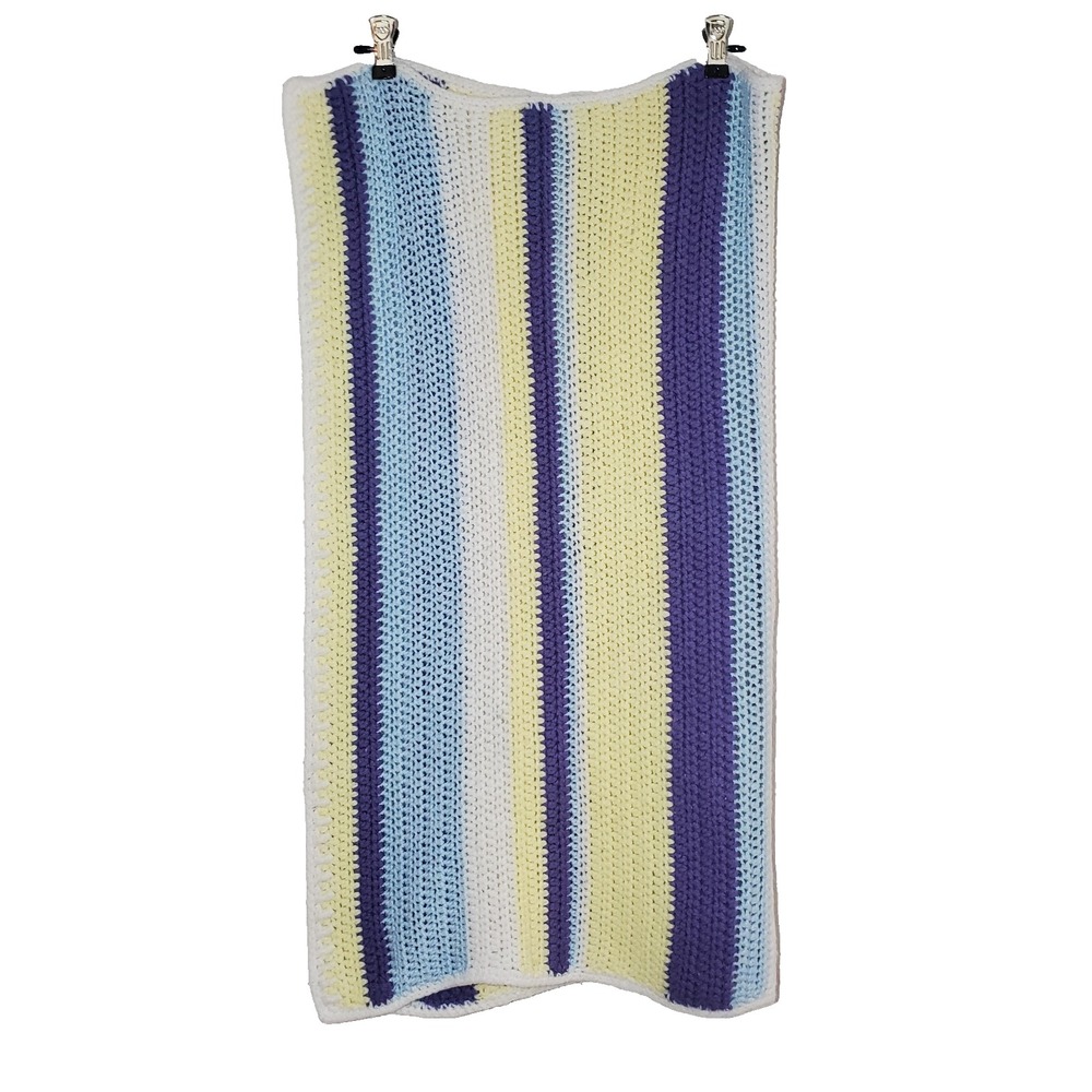 Handmade‎ Crochet baby blanket striped white yellow blue purple 31"x34"